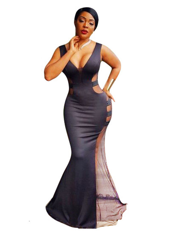 Sexy V Neck See-Through Floor length Dress