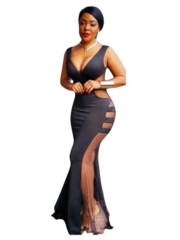 Sexy V Neck See-Through Floor length Dress