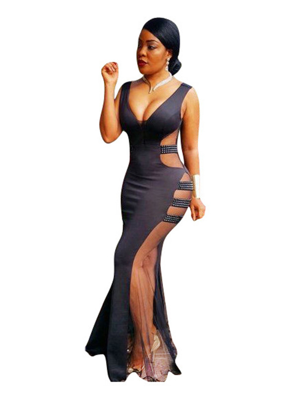 Sexy V Neck See-Through Floor length Dress