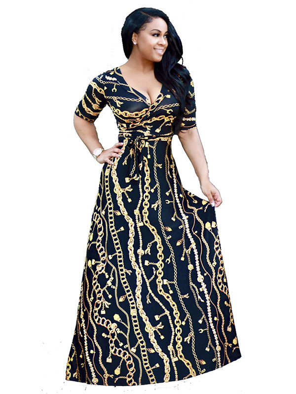 Sexy V Neck Short Sleeves Printed Ankle Length Dress 