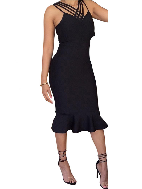 Sexy V Neck Sleeveless Falbala Midi Dress