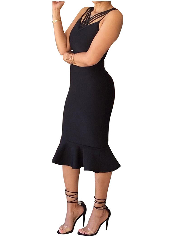 Sexy V Neck Sleeveless Falbala Midi Dress