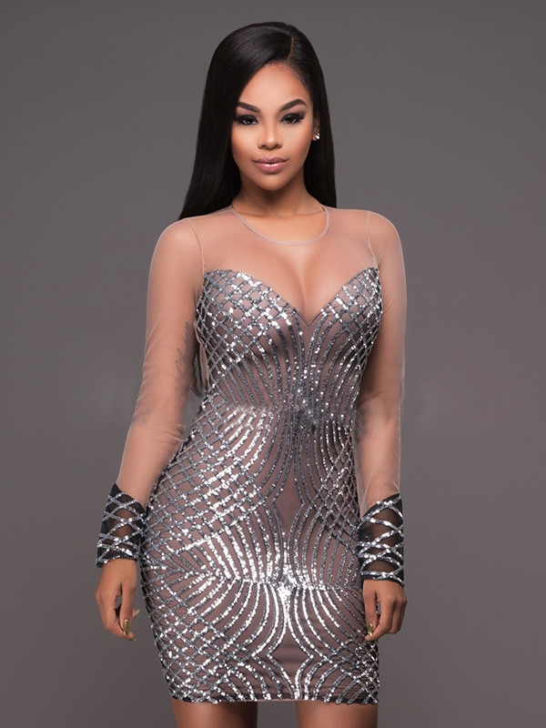 Silver Sexy Round Neck Sequined Mini Dress