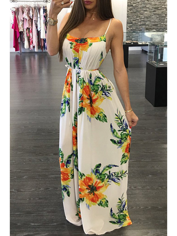 Spaghetti Strap Printed Backless Maxi Dress