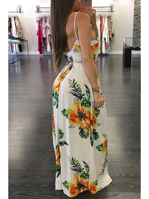 Spaghetti Strap Printed Backless Maxi Dress
