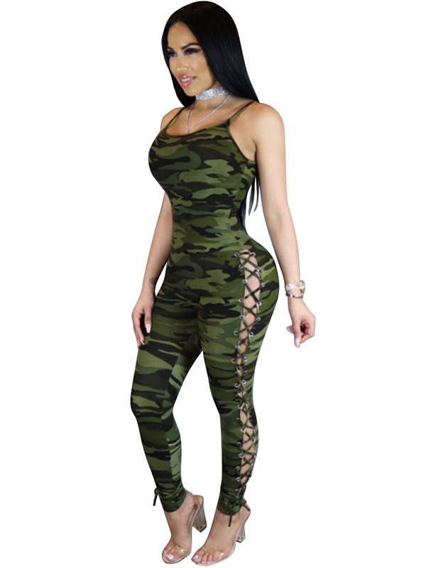 Spaghetti Strap Sleeveless Camouflage printed Jumpsuits 