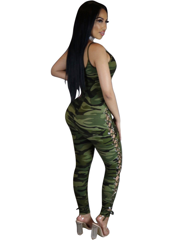 Spaghetti Strap Sleeveless Camouflage printed Jumpsuits 