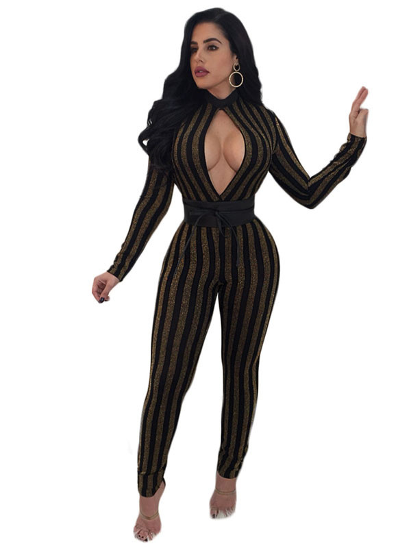 Stand Collar Hollow-out Striped Jumpsuits