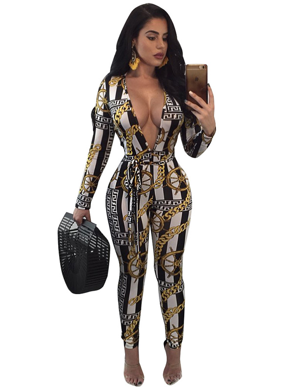 Stylish Deep V Neck Print One-piece Jumpsuits