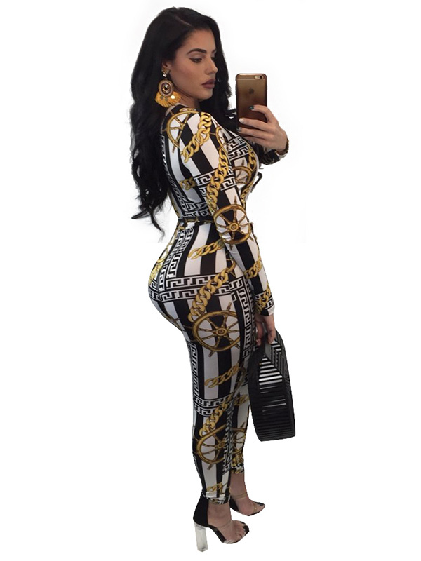 Stylish Deep V Neck Print One-piece Jumpsuits