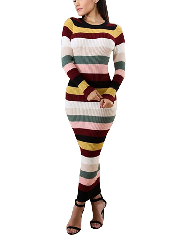 Stylish Round Neck Striped Polyester Sheath Maxi Dress 