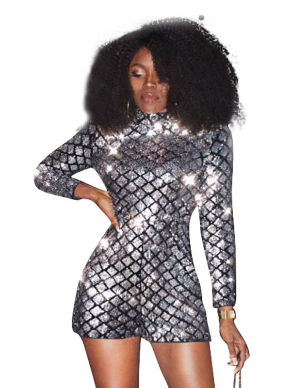 Stylish Turtleneck Sequins Silver One-piece Jumpsuits 