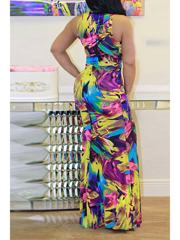 Stylish V Neck  Sleeveless Printed Length Dress