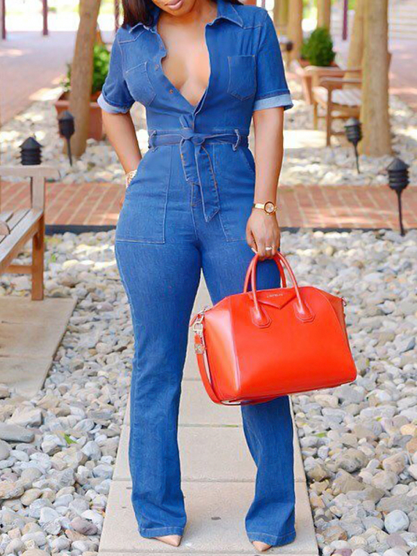 Stylish V Neck Lace-up Blue Denim One-piece Jumpsuits  