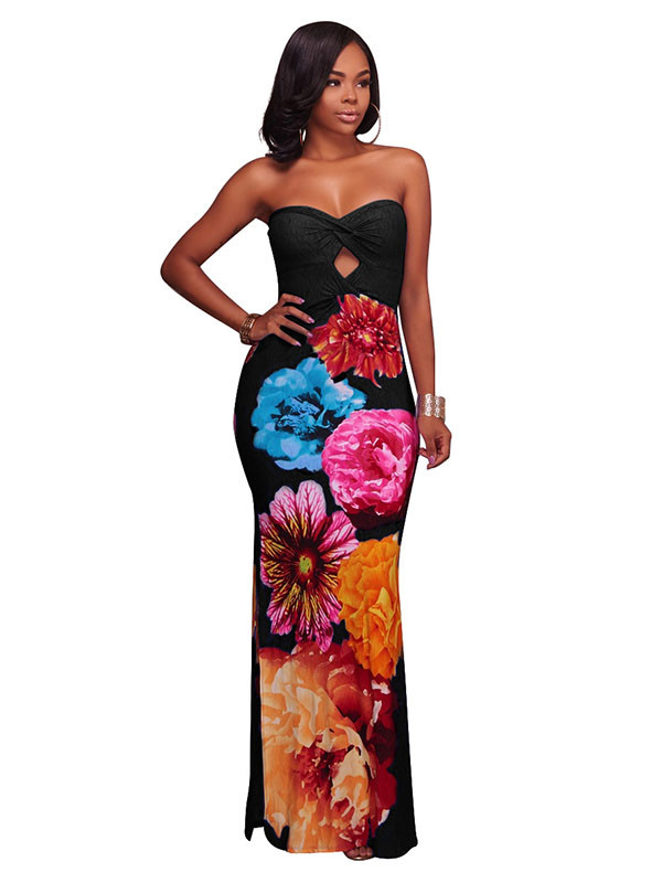 Trendy  Floral Print Black Polyester Sheath Dress