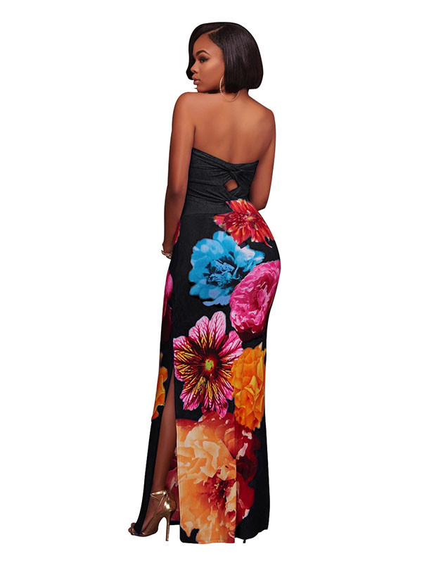 Trendy  Floral Print Black Polyester Sheath Dress