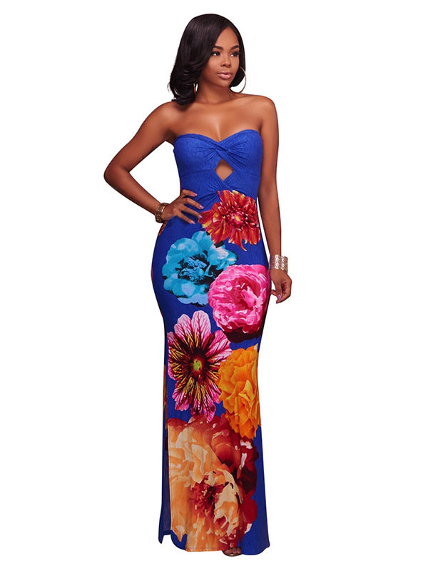 Trendy  Floral Print Blue Polyester Sheath Dress
