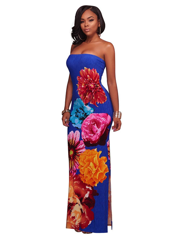Trendy  Floral Print Blue Polyester Sheath Dress