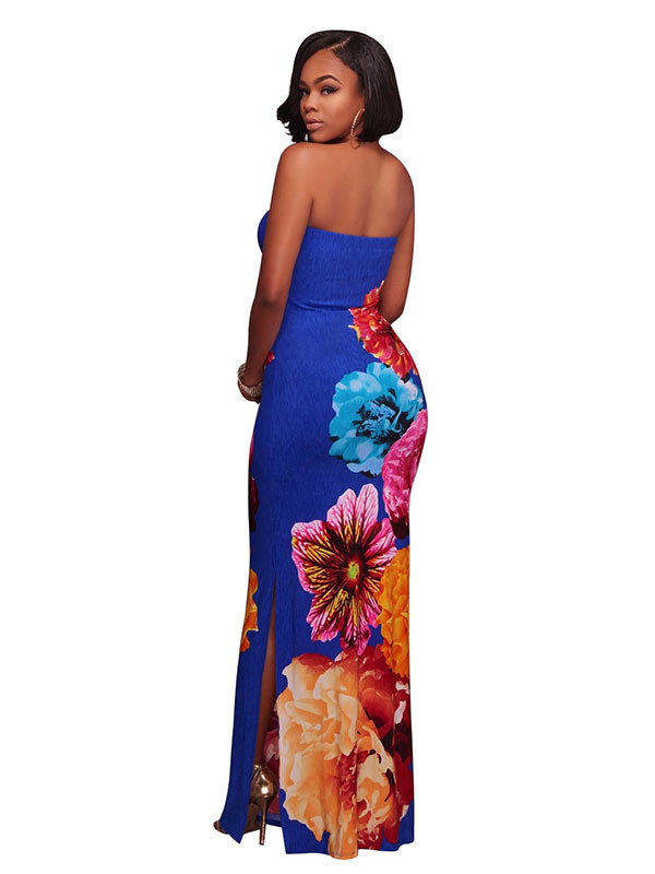Trendy  Floral Print Blue Polyester Sheath Dress