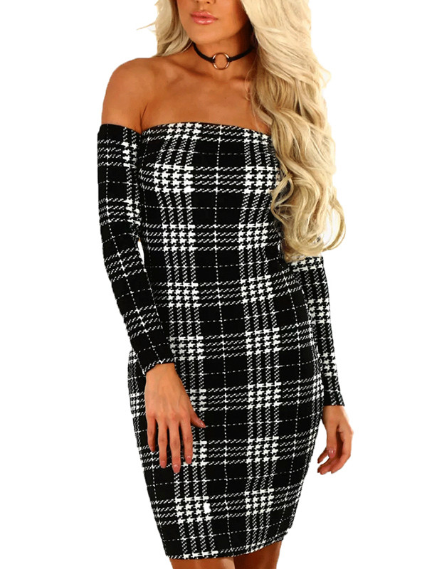 Trendy Dew Shoulder Grid Knee Length Dress