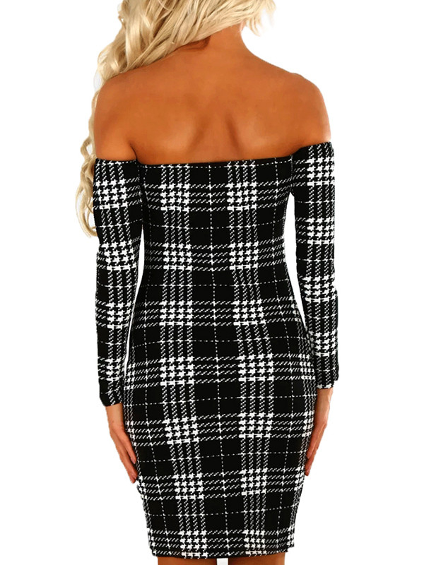 Trendy Dew Shoulder Grid Knee Length Dress