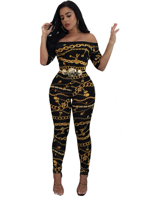 Trendy Dew Shoulder Printed Black Jumpsuits 