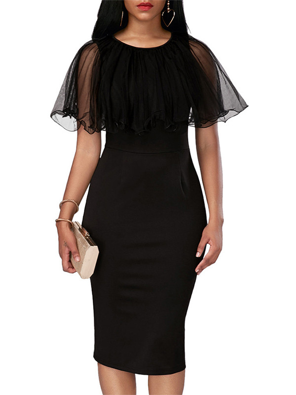 Trendy Round Neck Gauze Patchwork Black Dress