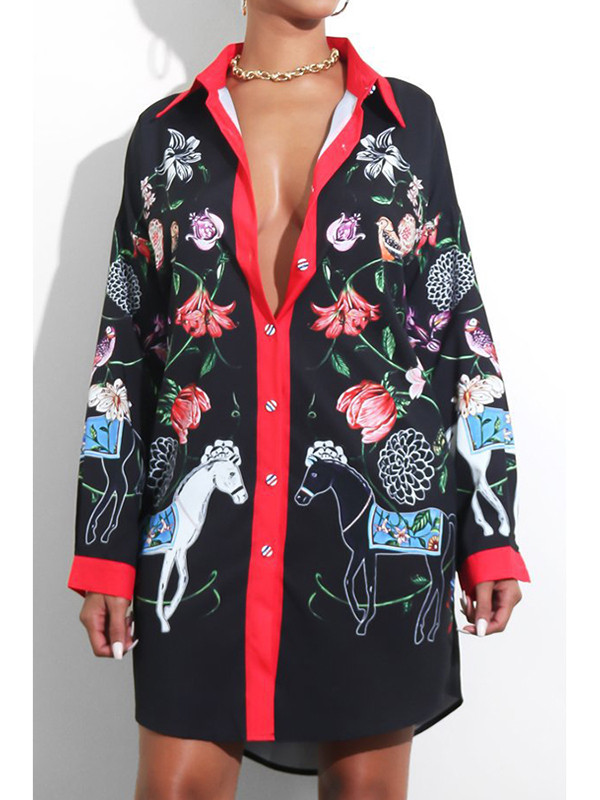 Trendy Turndown Collar Printed Dress