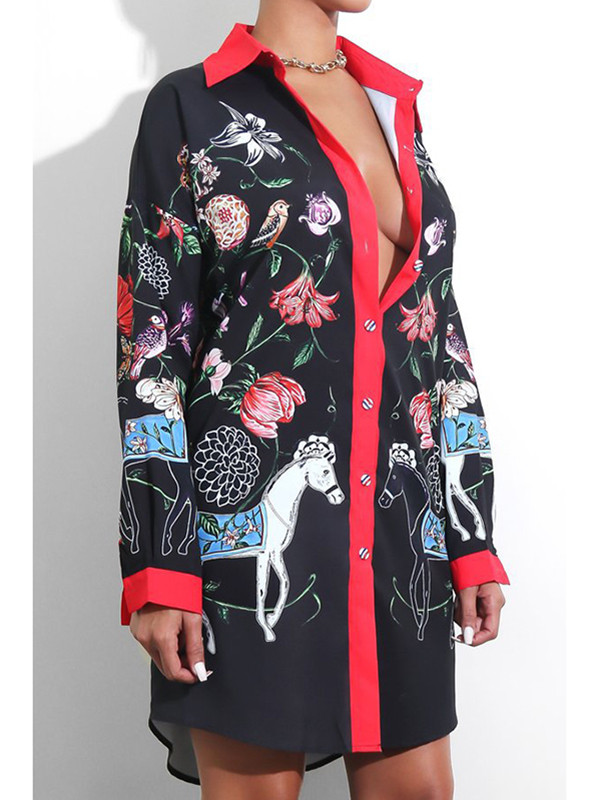 Trendy Turndown Collar Printed Dress