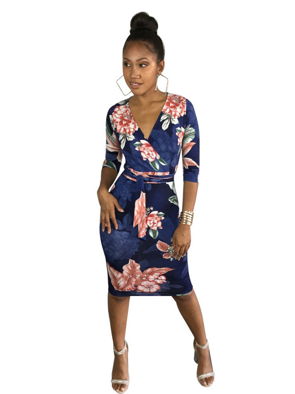 Trendy V Neck Floral Print Polyester Sheath Knee Length Dress