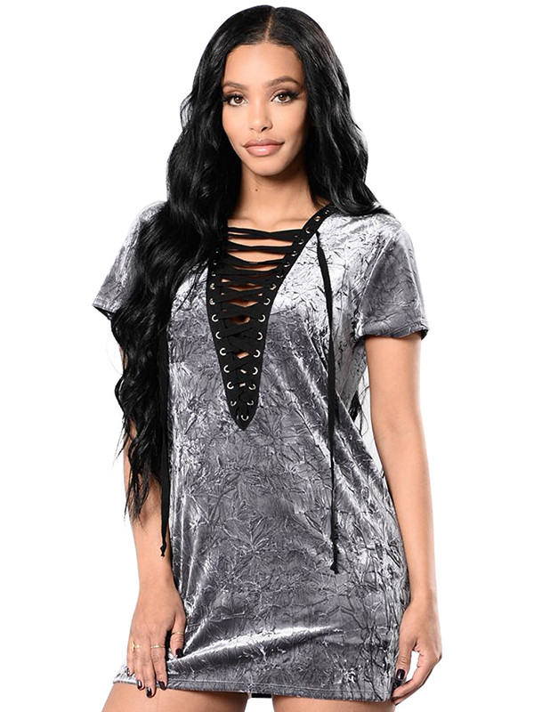 Trendy V Neck Lace-up Hollow-out Grey Mini Dress 