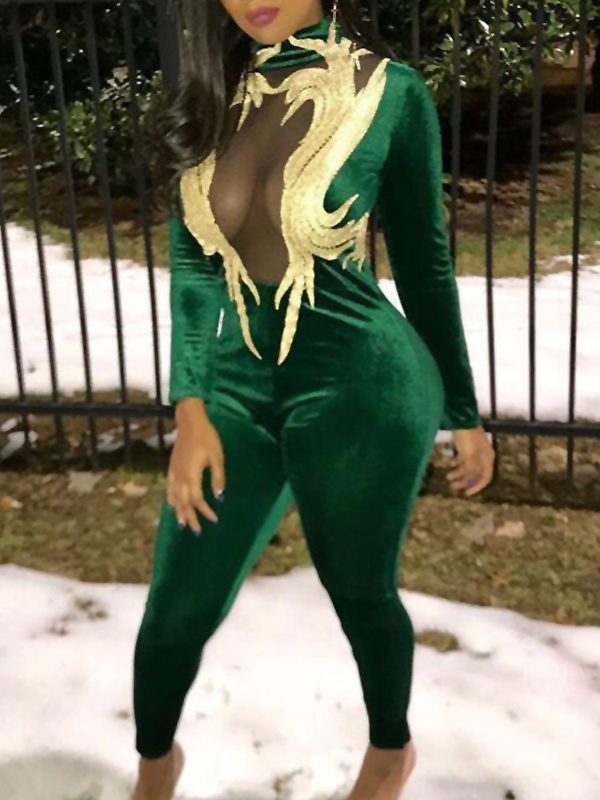 Turtleneck Patchwork See-Through Jumpsuits