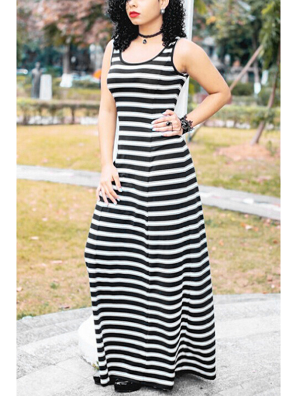 U-shaped Neck Sleeveless Striped A Line Casual Dress 