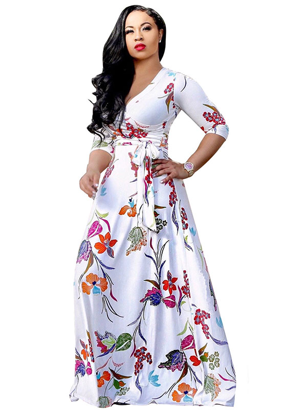 V Neck Half Sleeves Printed White Maxi Dress