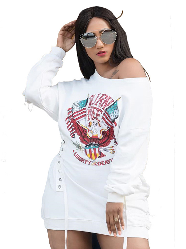 V Neck Printed White Casual Dress 