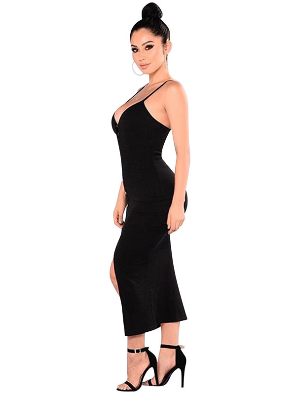 V Neck Single-breasted Design Mid Dress