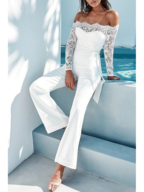 White Dew Shoulder Lace Trim Patchwork Jumpsuits