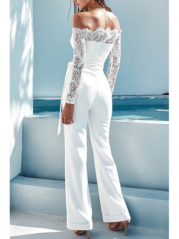 White Dew Shoulder Lace Trim Patchwork Jumpsuits