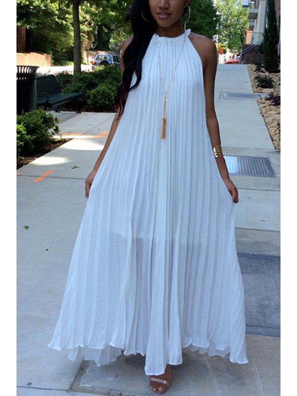 White Round Neck Dew Shoulder Sleeveless Maxi Dress