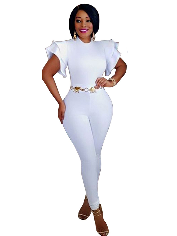 White Round Neck Lotus Leaf Sleeves Jumpsuits