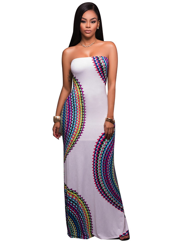 White Round Neck Sleeveless Printed Backless Dress