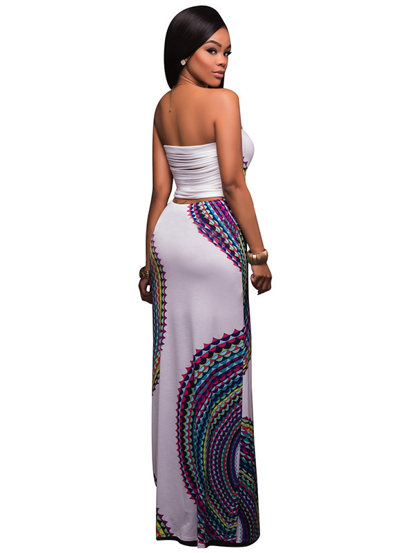 White Round Neck Sleeveless Printed Backless Dress