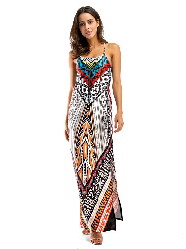 White Stylish Spaghetti Strap Printed Maxi Dress
