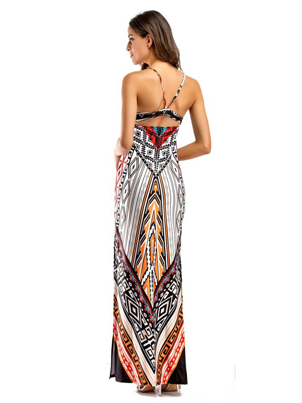White Stylish Spaghetti Strap Printed Maxi Dress
