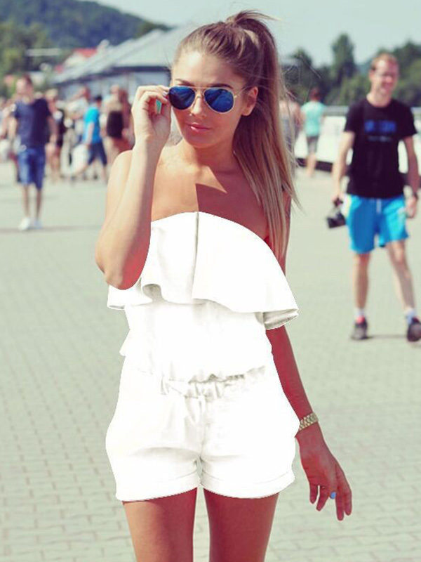 White Stylish Strapless Falbala One-piece Jumpsuits