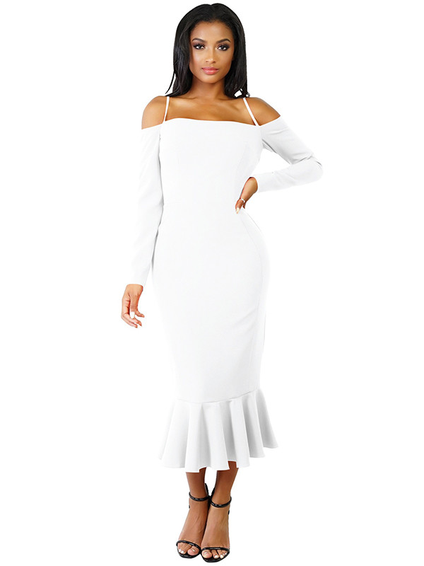 White Trendy Falbala Design Sheath Dress 