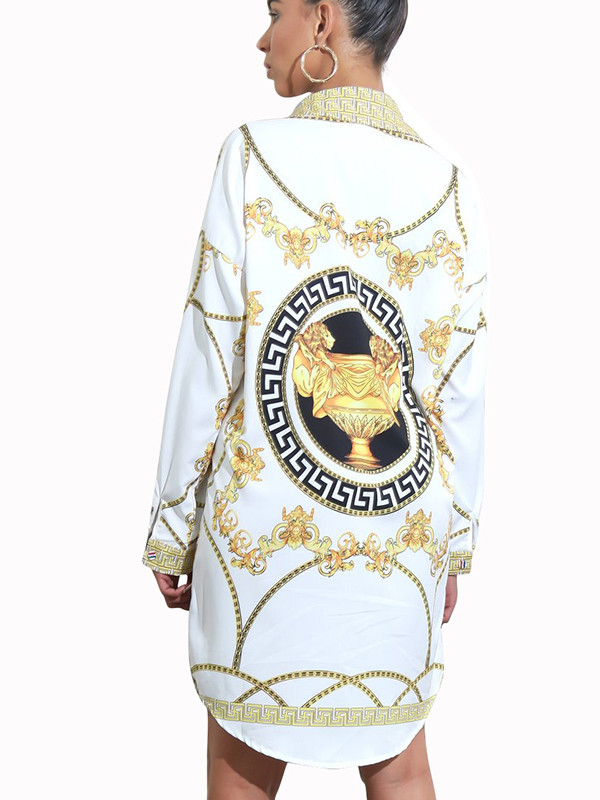 White Trendy Turndown Collar Printed Dress
