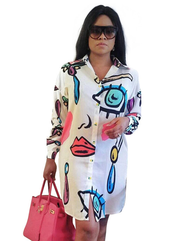 White Trendy Turndown Collar Printed Dress