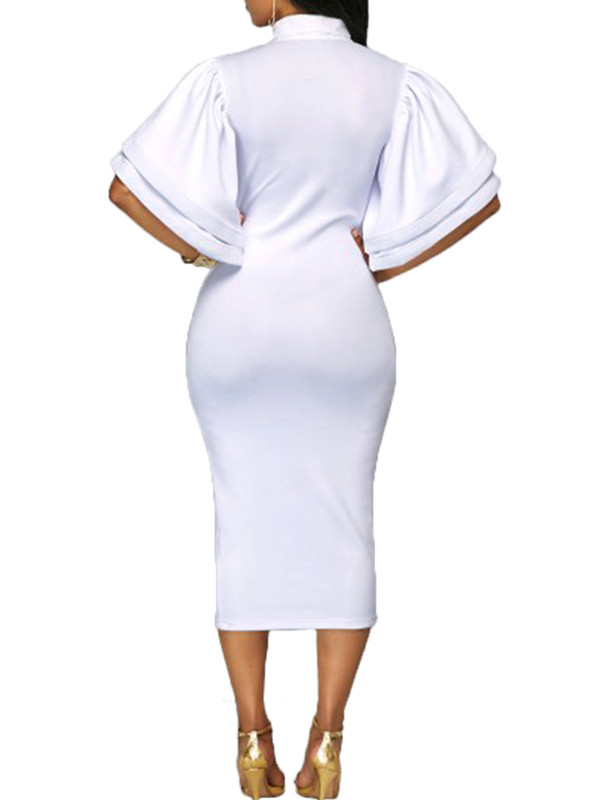 White Trendy V Neck Half Sleeves Bow-tie Dress