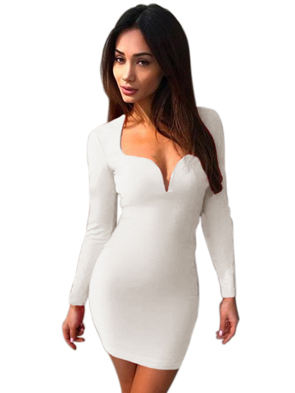 White Trendy V Neck Zipper Design Mini Dress 